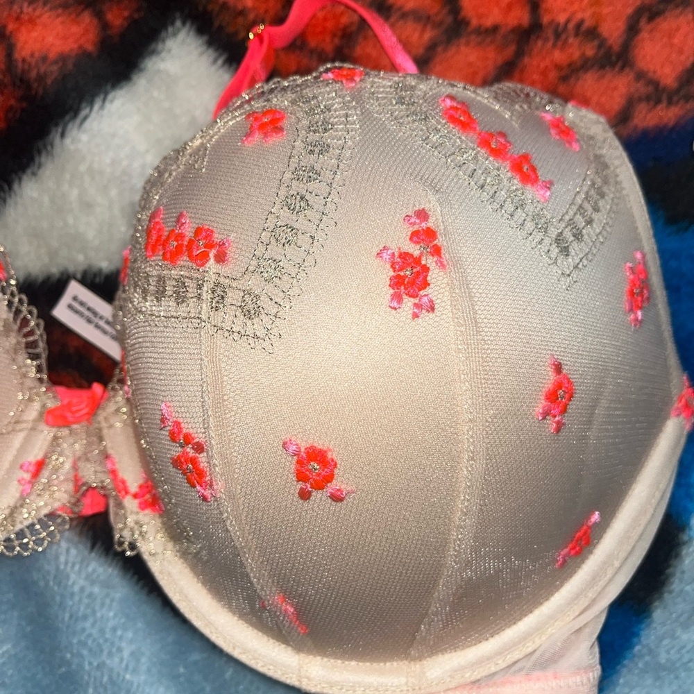 Victoria's Secret Beige Bra with Red and Pink Floral Embroidery